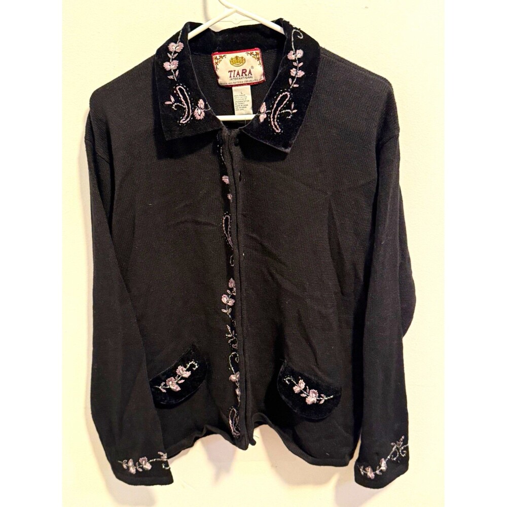 Tiara International Black Floral Embroidered Velvet Trim Cardigan Pockets L